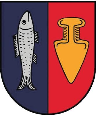 Ruster Wappen Das zweigeteilte Ruster Wappen zeigt links einen silbernen Fisch auf blauem und rechts einen goldenen Pflugschar auf rotem Hintergrund